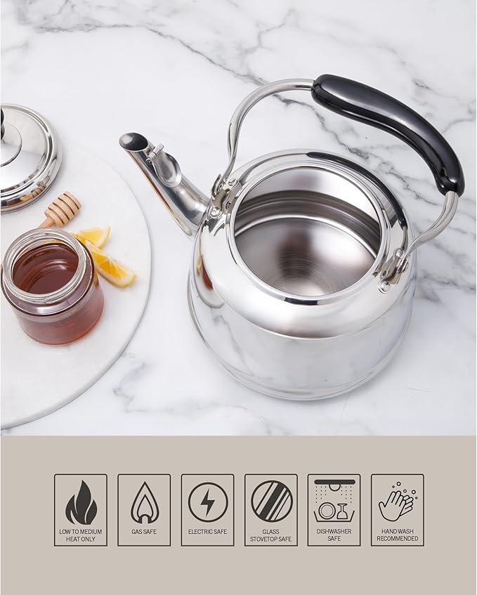 Martha Stewart Kingstree Large 2 Qt Stainless Steel Tea Kettle – Heavy Gauge Durable Whistling Tea Kettle for Stove Top, Easy Pour, Classic Design