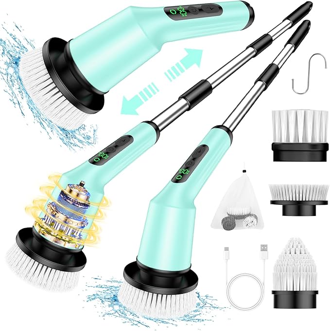 Electric Spin Scrubber for Cleaning Bathroom, Shower Scrubber Cordless Cleaning Brush with IPX7 Waterproof & 2 Speed, 3 Brush Heads, Bathroom Cleaning Supplies for Toilet Shower Tub Mint Green