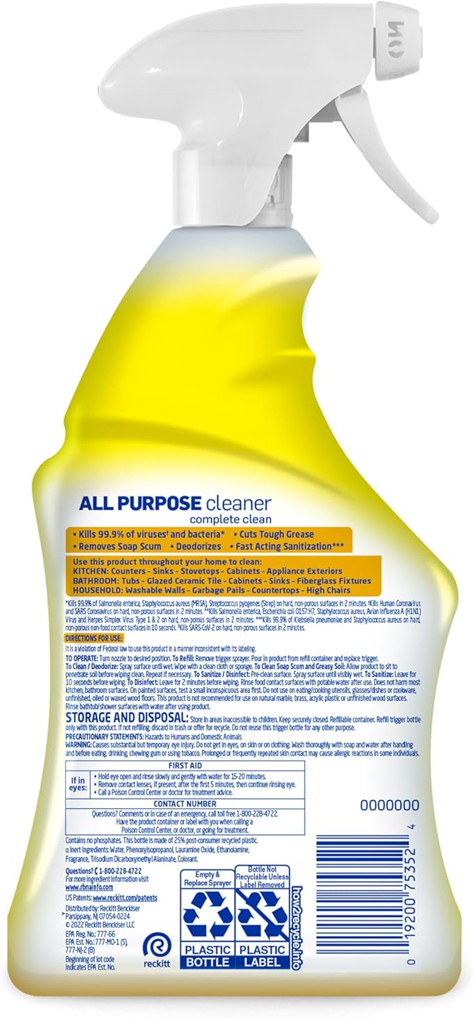 Lysol All Purpose Cleaner Spray, Multi-Purpose Disinfecting Spray, Kitchen & Bathroom Cleaner, Lemon Breeze, Lavender, Mango 32oz (Pack of 4)
