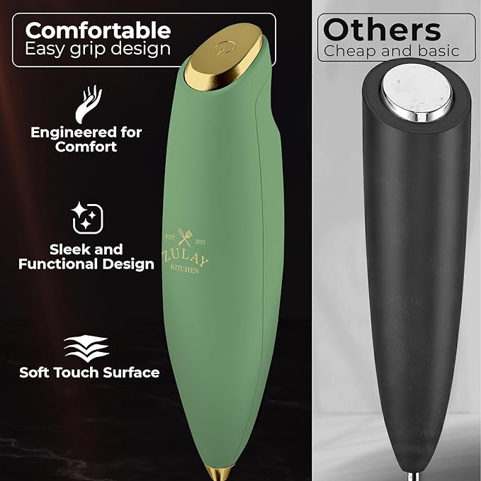Zulay Kitchen Patented Tornado Triple Whisk Milk Frother with 4 Duracell Batteries – Handheld Foam Maker for Coffee, Lattes, Matcha & Hot Chocolate – Rich, Creamy Froth in Seconds - Olive & Gold
