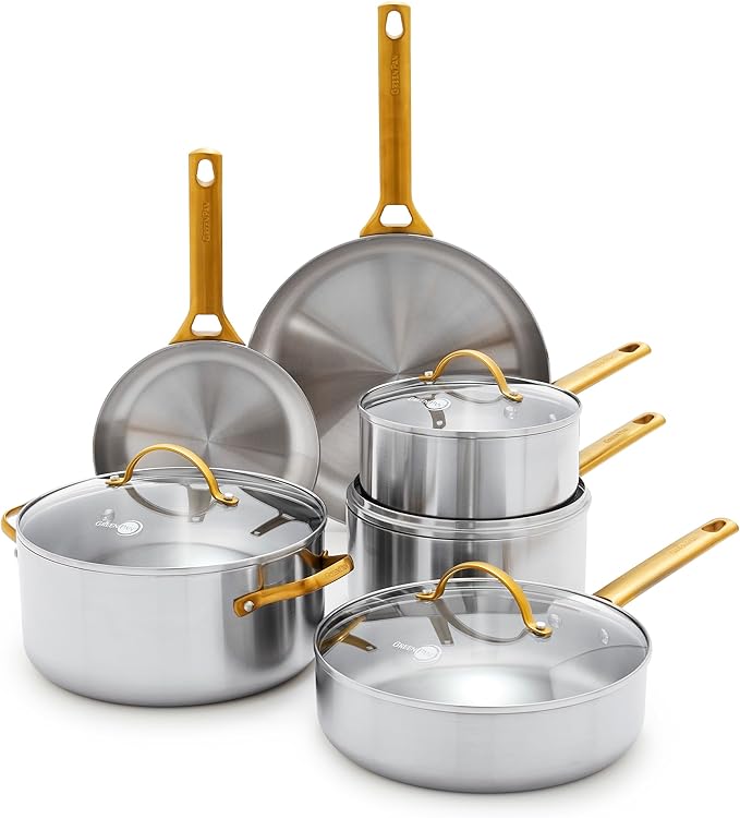 GreenPan Stainless Steel Tri-Ply Reserve 10 Piece Cookware Pots and Pans Set, Multiclad, Induction, Oven & Broiler Safe to 600°F, Heat Responsive Core, Dishwasher Safe, Glass Lids