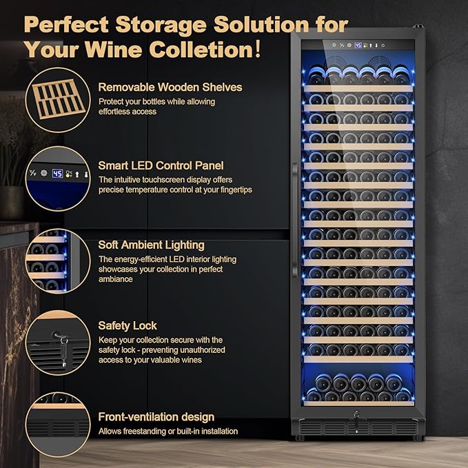 Upgraded 190 Bottles Wine Cooler Refrigerator,24 Inch Wide Wine Fridge with Professional Temperature Control System,Freestanding or Built-in installation, Quiet Operation,Black