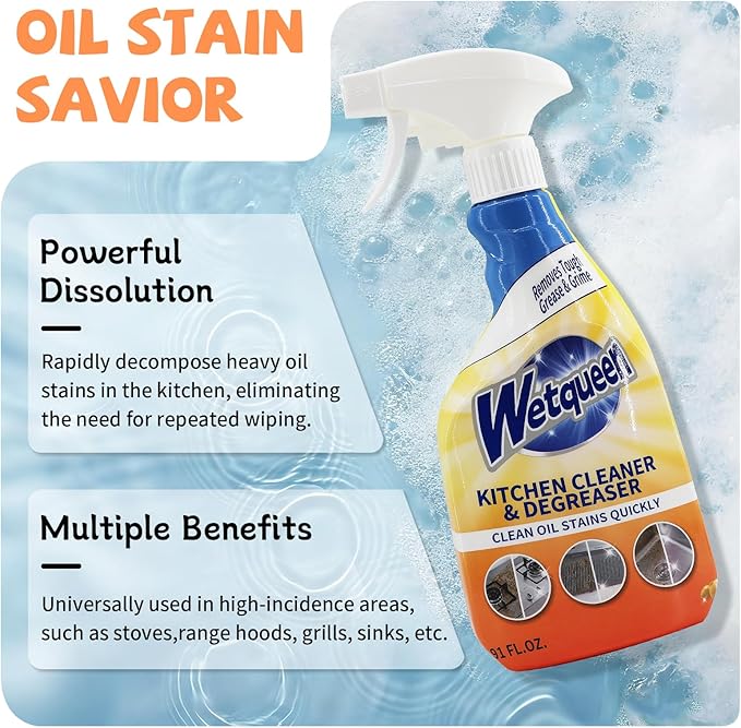 WETQUEEN All Purpose Cleaner Spray, Powerful Kitchen Degreaser Foam Spray, Stubborn Stains Cleaner for Kitchen, Bathroom, Cooker, Countertops, Tiles, Dual-Spray Nozzle, Lemon Scent, 16.91 Fl Oz