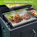 Universal Stainless Steel Griddle Flat Top Plate with Even Heating Bracing for BBQ Charcoal and Gas Grills, Camping, Tailgating, and Parties,with Grease Groove and Removable Handles (23" x 16")