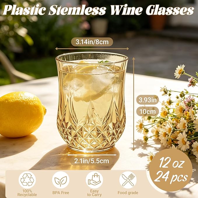 24 Pack Plastic Stemless Wine Glasses,12oz Unbreakable Vintage Elegant Drinking Glass Set,Reusable Fancy Cocktail Cups for Party, Wedding, and Bulk Events (24, 12oz-Gold)