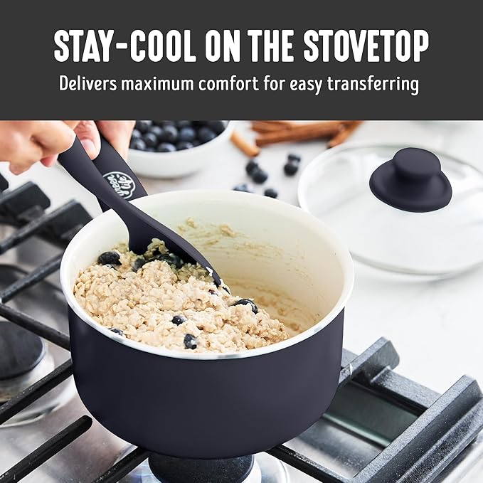 GreenLife 2.5QT Nonstick Saucepan with Glass Lid, Soft Grip, PFAS-Free Ceramic, Multipurpose Chef Pan, Milk & Sauce Cooking Pot, Dishwasher & Oven Safe to 350˚F, Stay-Cool Handle, Black