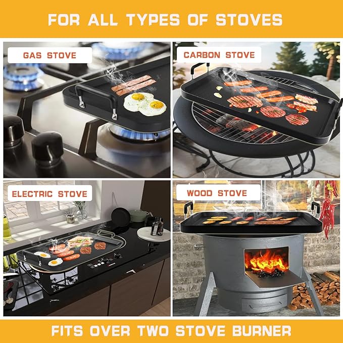 Non-Stick Aluminum Stove Top Flat Griddle, Warp-Resistant Double Burner Griddle Pan for Glass and Gas Stove, Great for Breakfast and Camping Indoor or Outdoor Size 17" x 10.5"