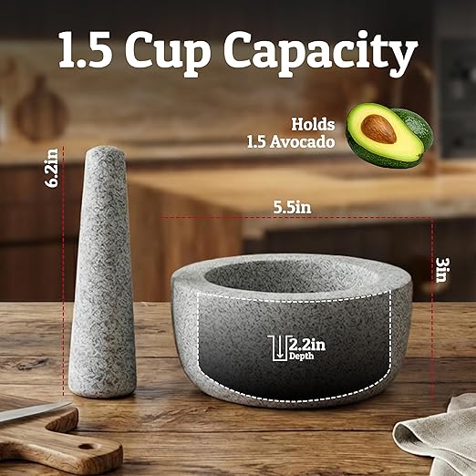 Priority Chef Heavy Duty Small Mortar and Pestle Set, 1.5 Cup, Make Fresh Guacamole, Salsa, Stone Grinder Bowl, Herb Crusher, Spice Grinder, 5.5" Wide, Grey