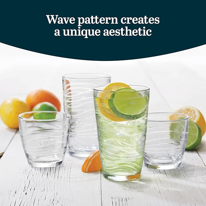 Libbey Orbita Rocks and Tumbler Drinking Glasses Set of 16, Durable Glass Cups Set with Wave Pattern, Glassware Drinking Glasses for Any Occasion