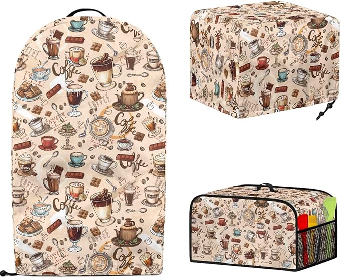 Coffee Tea Patterns Small Kitchen Appliance Protection Bread Toaster， Blender, Slow Cooker Cover， Dust Fingerprint Protection Kitchen Accessories Set 3PCS