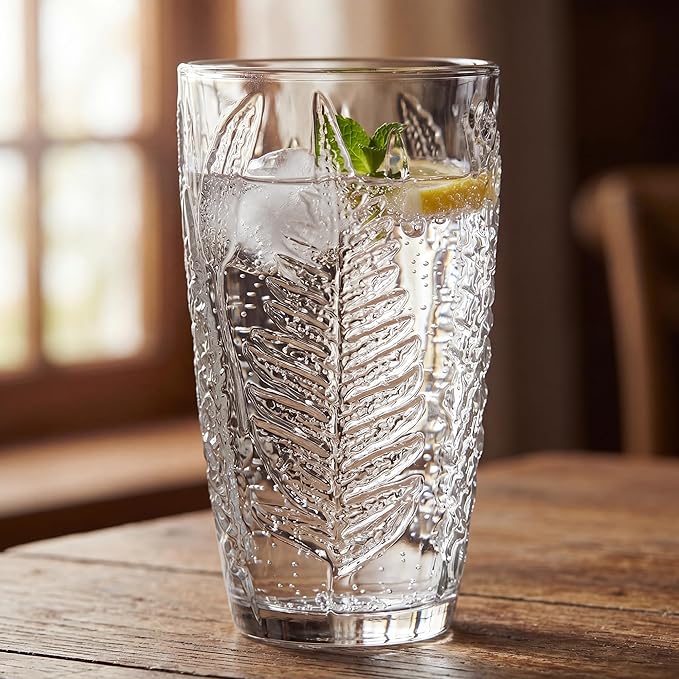 Vintage Drinking Glasses Set of 4, 16 oz Hand-Pressed Clear Glass Tumblers, Fern Embossed Retro Glassware, Textured Cups for Water, Cocktails & Beer, Decorative Kitchen Drinkware, Unique Boho Gift Set