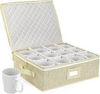 LotFancy Cup and Mug Storage Box, Hard Shell, China Coffee Mug Storage Container for Moving, Holds 12 Tea Cups, with Dividers & Handles, Beige