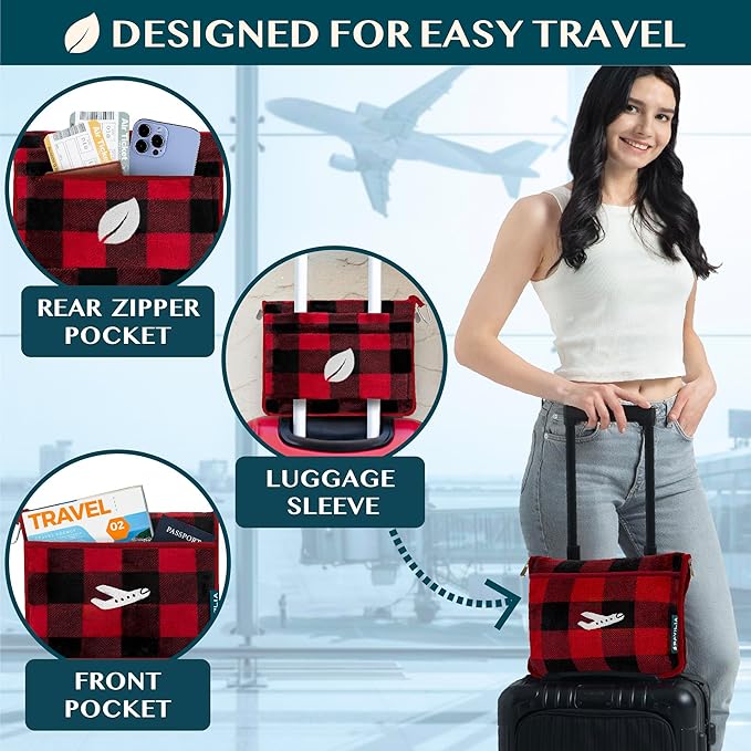 PAVILIA Travel Blanket Pillow, Airplane Blanket Set in Soft Bag with Pockets, Plane Blanket Compact Packable, Flight Essentials Car Pillow, Travelers Accessories Gifts, Luggage Strap, Plaid Red