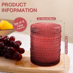 JOVGANK Red Vintage Hobnail Drinking Glasses Set of 6, Embossed Water Tumbler 12oz, Kitchen & Bar Beaded Glass Cups, Beverage Glass Cups for Water, Beer, Juice, Housewarming and Mother's Day Gift