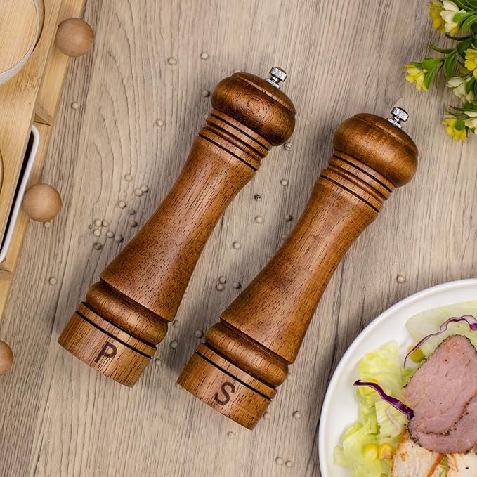 Wooden Salt and Pepper Grinder Set Refillable Salt & Pepper Mills Adjust for Coarseness, Crafted of Solid Oak Wood with Ceramic Stainless Steel Core, 8 Inches - 2 Packs