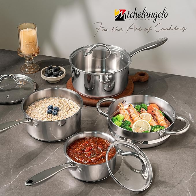 MICHELANGELO Saucepan Set 6pc with Steamer Insert, 18/10 Stainless Steel Sauce Pans with Lids, Tri-Ply Bottom Sauce Pots, Induction Compatible, 1QT & 2QT & 3QT