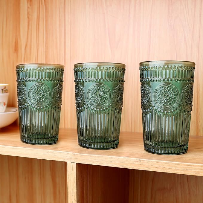 Loivttvv 6pcs Vintage Drinking Glasses Set, 12 oz Atroviens Highball Glasses, Embossed Ribbed Glassware Cups for Cocktail, Water, Juice, Coffee, Whiskey