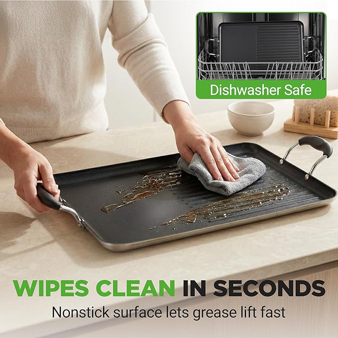 NutriChef 24" Stove Top Griddle Pan, Nonstick Double Burner Grill & Griddle Combo, Ridged & Flat Surfaces, Suitable for Frying & Searing, Cool-Touch Handles, Easy to Clean, Black