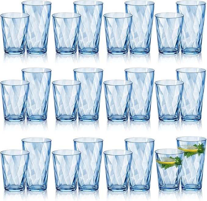 LemonRoad 24 Pack Reusable Plastic Drinking Glasses Set - 20oz & 13.5oz Stackable Tumbler, Shatter-resistant Highball Cups for Water, Cocktail, Iced Coffee, Indoor Outdoor Use, BBQ, Patio, Pool (Blue)