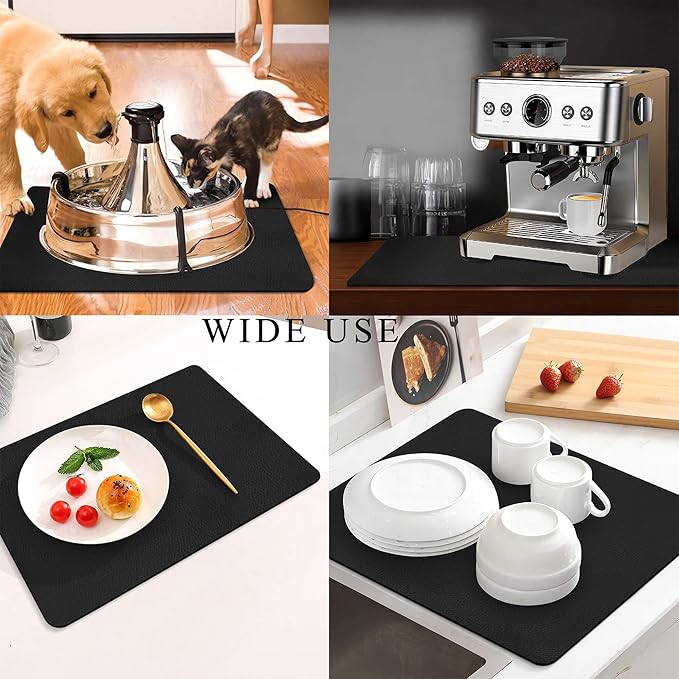 Coffee Mat for Countertops,Coffee Bar Accessories Fit Under Coffee Maker Espresso Machine, Absorbent Hide Stain Rubber Mat for Countertop,Dish Drying Mat for Kitchen Counter (Black, 16"x24")