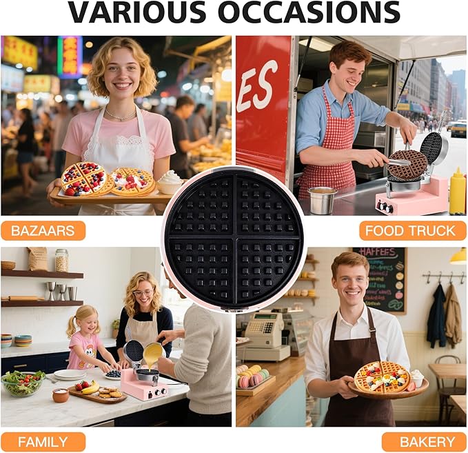Commercial Waffle Maker for Restaurant, 110V Electric Waffle Maker w/Non-stick and 122–572°F Adjustable Temp, 1200W Profession Waffle Iron with Timer and Heavy Duty, Hotel Waffle Machine