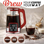 Gourmia Electric Glass Kettle – 1.7L Programmable Tea & Coffee Brewer with Digital Touch Display, 6 Presets, Removable Stainless Steel Infuser, Cordless with 360° Swivel Base, Red