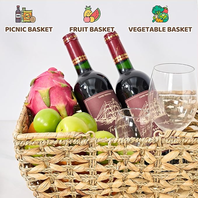 Wicker Picnic Basket with Handles, Wicker Baskets with Wooden Base for Picnic, Camping & Storage Basket