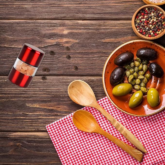 T-mark Premium Sea Salt and Pepper Grinder Set - Spice Mill with Brushed Stainless Steel, Small Portable Ceramic Salt & Pepper Shakers (2-Pack) (Red)