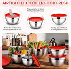E-far Mixing Bowls With Lids Sets of 5, 10-Piece Stainless Steel Salad Metal Nesting Bowl for Baking Cooking and Prepping, Airtight Lid & Stackable Design, Size 4.6, 3, 2.1, 1.5, 0.7 QT, Red