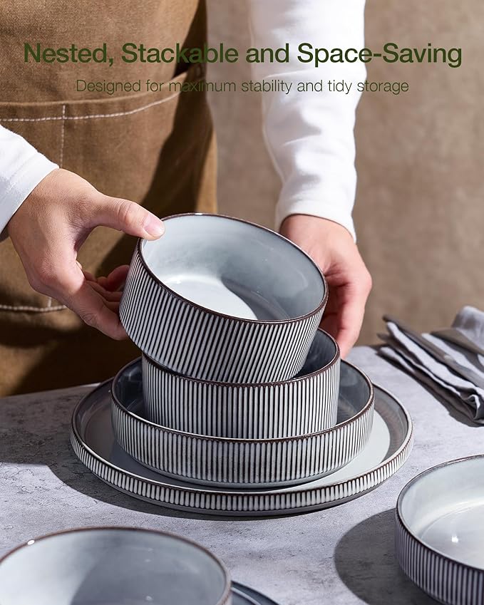 Famiware Star 16-Piece Stoneware Dinnerware Set, Service for 4, Reactive Glaze Mugs, Plates and Bowls, Dishes with Trim, Modern Rustic, Chip/Scratch Resistant, Microwave/Dishwasher Safe, Smoky Blue