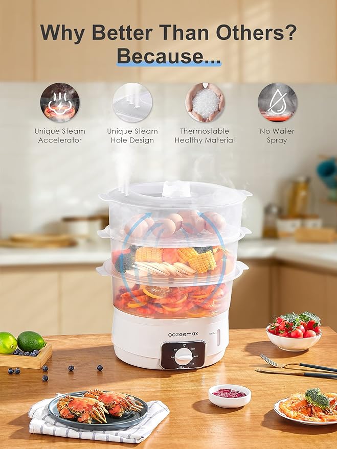 3 Tier Electric Food Steamer for Cooking, 13.7QT Vegetable Steamer for Fast Simultaneous Cooking, Veggie Steamer, Food Steam Cooker, 60 Minute Timer, BPA Free Baskets, 800W(White)