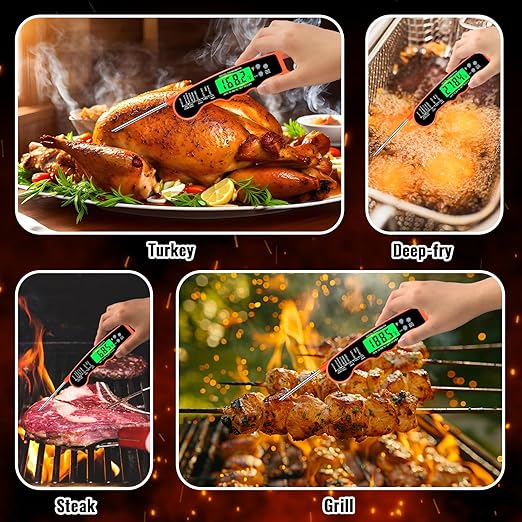 Meat Thermometer Digital, IP67 Waterproof Food Thermometer for Cooking and Baking, Instant Read Meat Thermometer with Backlight, Hold Function & Magnet for Kitchen, Beef, Grill, BBQ, Candy, Turkey