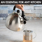 Primula Stewart Whistling Stovetop Tea Kettle Food Grade Stainless Steel, Hot Water Fast to Boil, Cool Touch Folding, 1.5-Quart, Brushed with Black Handle