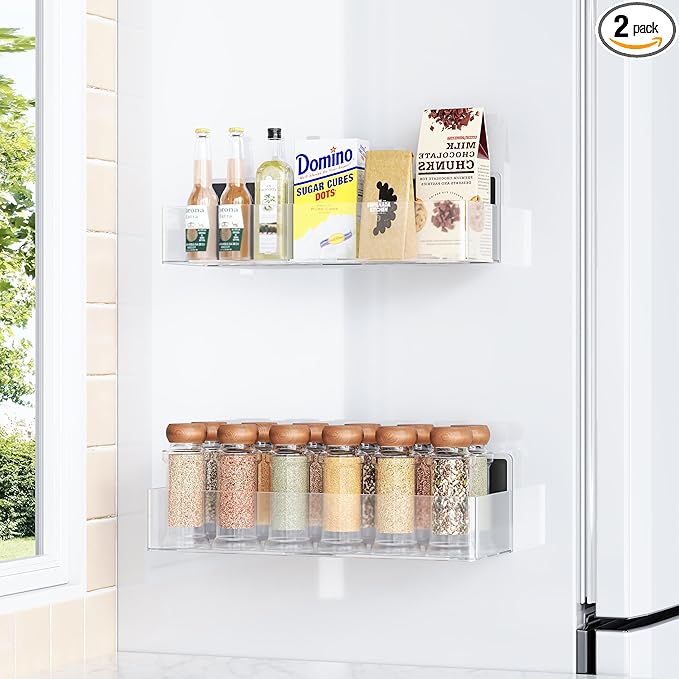 Mystozer Magnetic Spice Rack for Refrigerator, Kitchen Organizer and Storage Shelf, Clear(2 Pack)