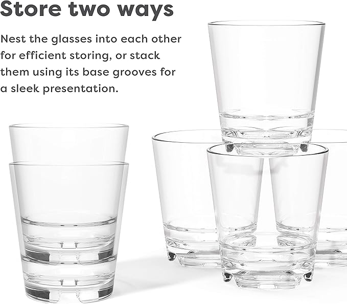 TOSSWARE RESERVE 12oz Stacking Double Old Fashioned, SET OF 4, Premium Quality, Tritan Dishwasher Safe & Heat Resistant Unbreakable Plastic Old Fashioned Glasses, Clear (Pack of 2)