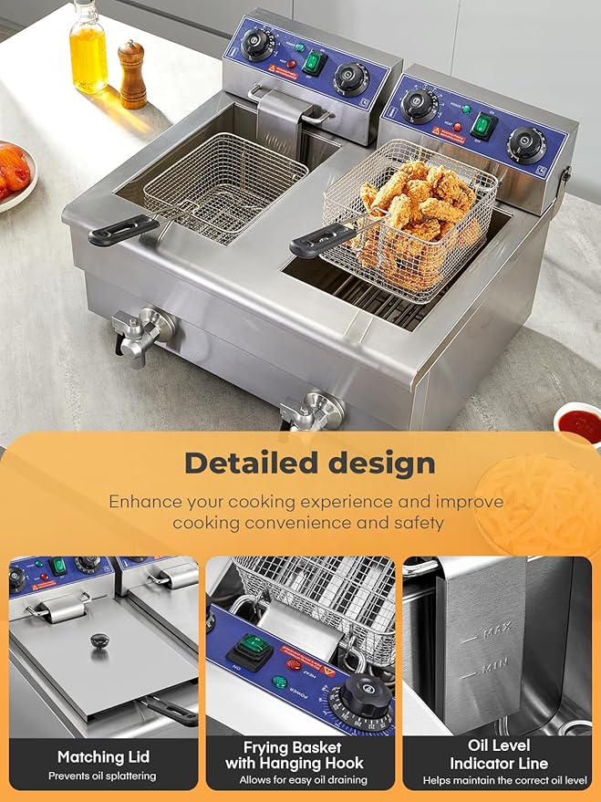 FOHERE Commercial Deep Fryer with Basket and Lid, 23.3Qt/22L Electric Deep Fryer with Oil Filtration, Time & Temp Control, 3000W Stainless Steel Deep Fryer Countertop for Kitchen Restaurant