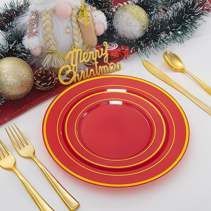 NOCCUR 200PCS Red Plastic Plates for 100 Guests - Include 100PCS 10" Dinner/ 100PCS 7" Dessert Plastic Plates Heavy Duty - Ideal for Wedding/Party/Christmas