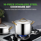 NutriChef 16 Piece Stainless Steel Cookware Set, Induction Cookware with Golden Handles - Non Stick Pots and Pans Set with lids and Utensils - PFOA/PFOS Free, Oven Safe, & Easy to Clean