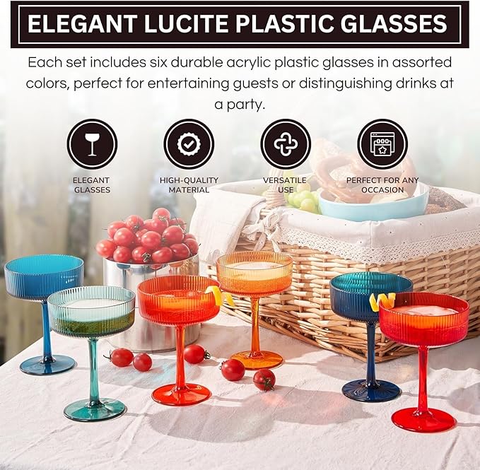 Khen Plastic Acrylic Ribbed Vintage Art Deco Martini, Champagne & Cocktail Retro Color Shatterproof Coupe Glasses | Set of 6 | 8 oz Ripple Glassware Classic Cocktail Indoor & Outdoor, European Style