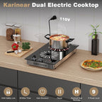 Karinear 110V Electric Cooktop 2 Burners, 12 Inch Electric Stove with Plug in, Countertop & Built-in Ceramic Stove Top, Knob and Sensor Touch Control, Multifunctional Radiant Stove(Black)