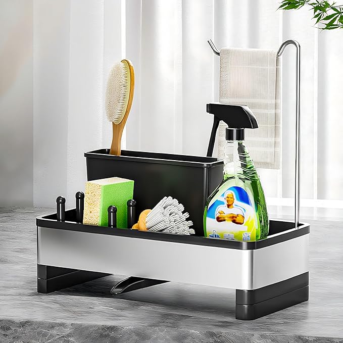 Ewaiira Stainless Steel Sink Caddy, Sponge Holder for Kitchen Sink with Brush Holder & Dishcloth Rack, Rustproof Sink Organizer Countertop, Kitchen Organizers Storage Essentials (D-Black 9.8″)