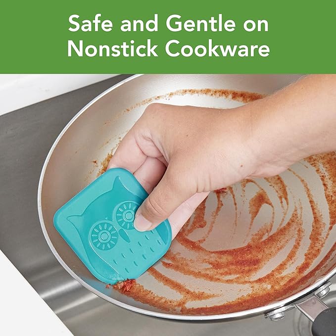 Tovolo Pan Scraper Tool Set of 3 Owl Shaped for Cleaning Scraping & Food Removal Nonstick Cookware Cast Iron Dishes, Dishwasher Safe BPA Free Sturdy Plastic Scraper Kitchen Tool, Assorted Teals