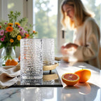 Glaver's Highball Drinking Glasses, Set of 4 Clear 15 Ounce Patent Crackle Design Textured Drinking Glasses Heavy Duty premium Glassware for Everyday Home, Bar use