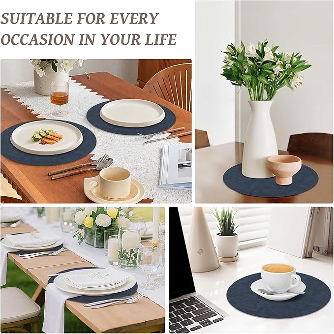 13" Round Placemats Set of 8, Reversible Faux Leather Heat Resistant Table Mats, 100% Waterproof Oilproof Wipeable Table Protective Placemats for Vinyl, Washable for Indoor (8, Navy Blue)