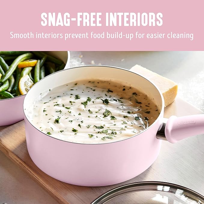 GreenLife 2.5QT Nonstick Saucepan with Glass Lid, Soft Grip, PFAS-Free Ceramic, Multipurpose Chef Pan, Milk & Sauce Cooking Pot, Dishwasher & Oven Safe to 350˚F, Stay-Cool Handle, Pink