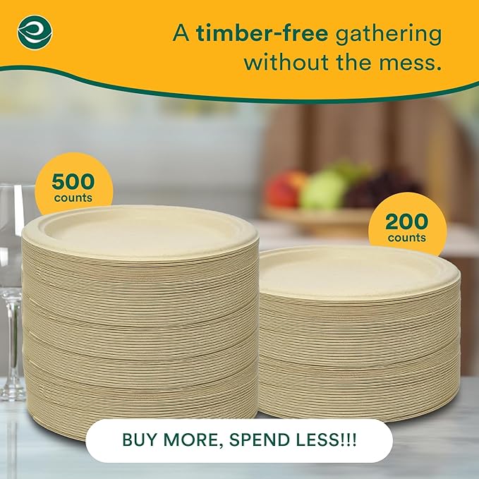 ECO SOUL Compostable 9 Inch(500-Pack) Biodegradable Heavy-Duty Disposable Eco-Friendly Paper Plates for Christmas Dinner & Parties, Wedding, Event