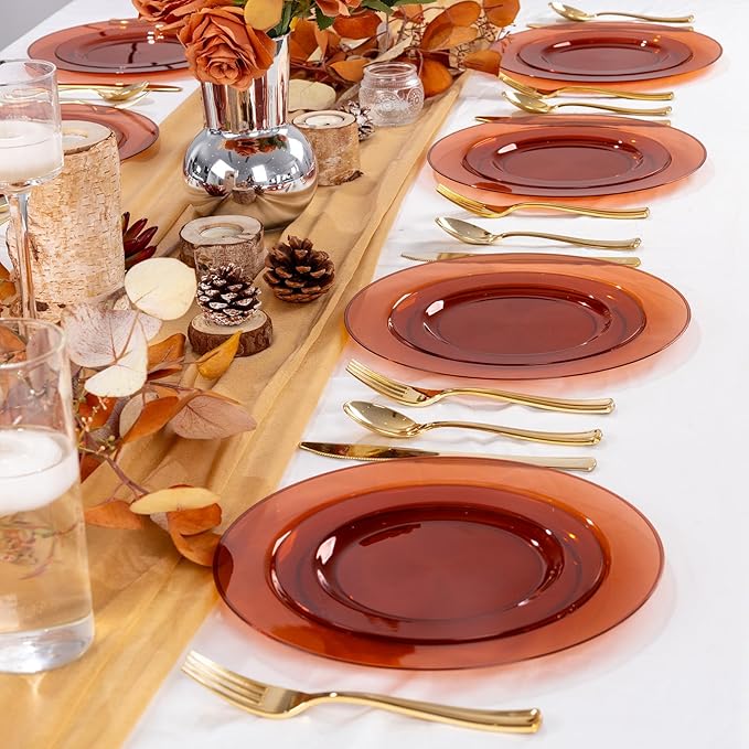 I00000 200 Pcs Clear Brown Plastic Plates - Elegant Disposable Plastic Party Plates Include 100 Dinner Plate 10’’ and 100 Dessert Plate 7’’ Perfect for Birthday, Party & Wedding