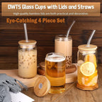 DWTS DANWEITESI Glass Cups with Lids and Straws 4 pcs,16oz Drinking Glasses Set for Coffee Bar Accessories,Iced Coffee Cups with Lids,Matcha Cup Glass Tumbler Reusable for Gifts