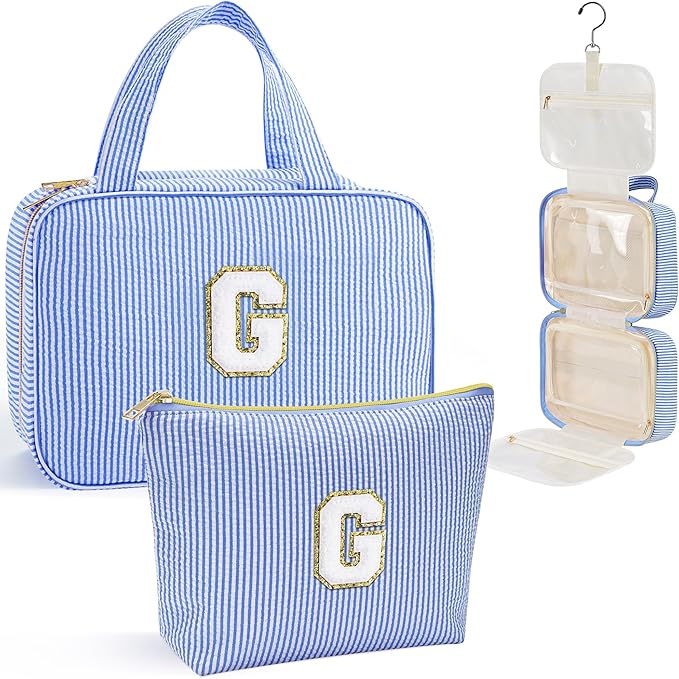 YOOLIFE Graduation Gifts for Her - Hanging Toiletry Bag for Women, Travel Toiletry Bag Makeup Bag, Personalized Travel Essentials for Women - Letter G, Blue