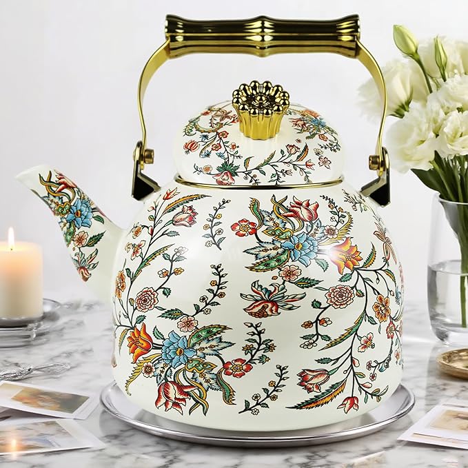 Vintage Enamel Tea Kettle, Colorful Floral Pattern Stovetop Teapot with Gold Handle, 2.5L Enamel Kettle Kitchen Decor, Ideal Gift for Housewarming Camping Coffee Pot